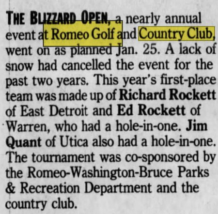 Romeo Golf & Country Club - Feb 1992 Article Blizzard Open